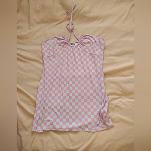 SO Pink and White Checkered Halter Dress